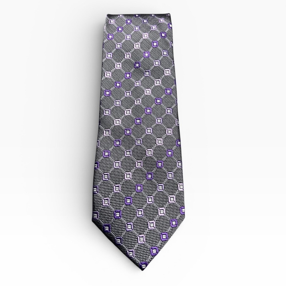 Pronto Uomo‎ Platinum 100% Silk Geometric Pattern Necktie Purple Black Silver